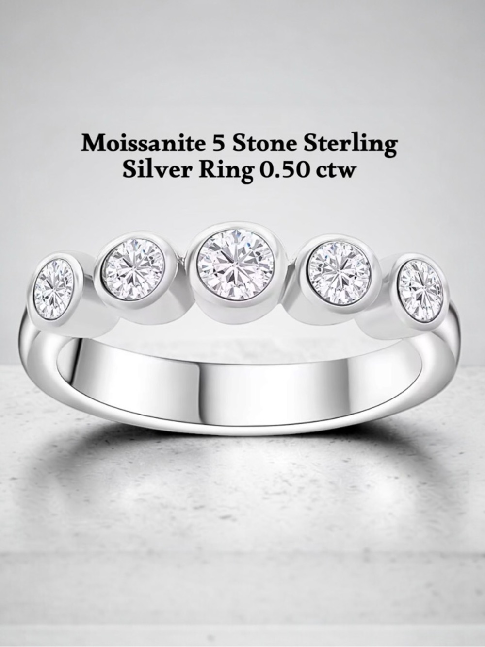 Brilliant Row of Moissanite 5 Stones Bezel Setting Sterling Silver Ring 0.50ctw